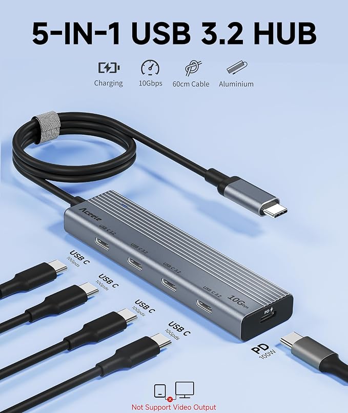 Aceele 10Gbps USB C Hub Splitter with 4*USB-C 3.2, 100W PD Charging Port, USBC to USBC Hub Multiport Adapter for MacBook Pro, iMac, iPad, iPhone 15 Pro and More(Not Support Extend Monitor)
