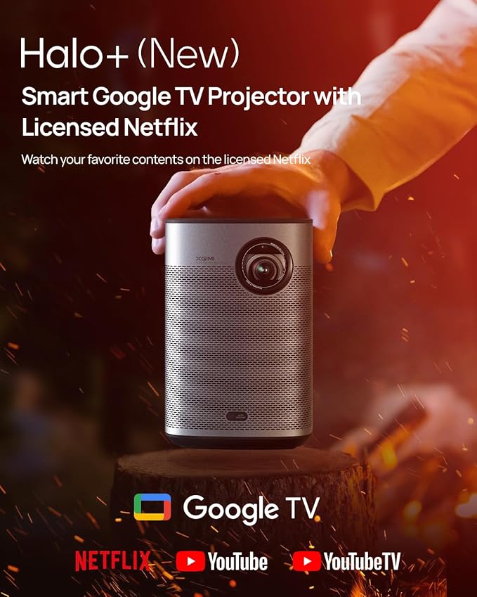 XGIMI Halo+ GTV NEW Portable Projector, Google TV with Licensed Netflix, 700 ISO Lumens, 2 x 5W Harman Kardon Speakers, Auto Focus, ISA, Wi-Fi, Built-in Battery with 2.5 Hours Playtime