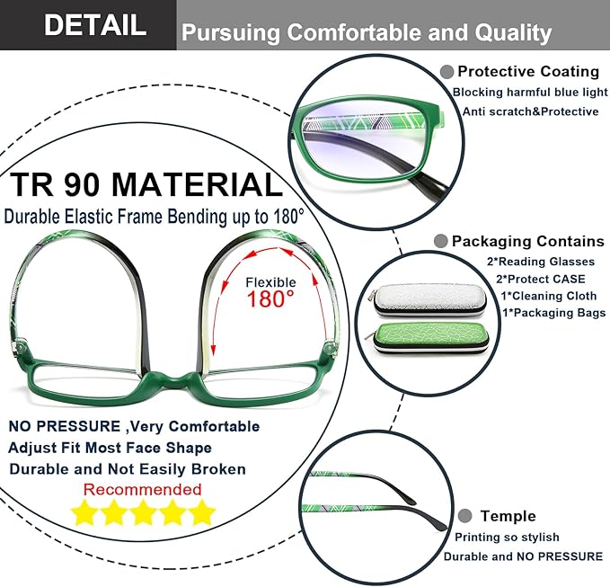 EYEURL Reading Glasses For Men Women - Blue Light Blocking Glasses Reduce Eyestrain - 2 Pack TR90 Frame Lightweight +0.5