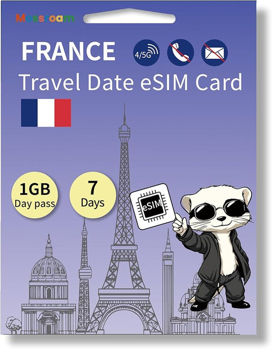 France eSIM Card – Prepaid Data Plans for Travel | 1 GB Daily Data,7 Days | No Physical SIM Card Needed | Instant Activation