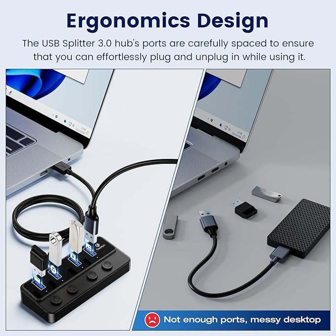 Qeefun 4-Port USB 3.0 Hub, Individual LED Power Switches, 5Gbps Data Transfer USB Splitter with 2ft Extension Cable, Multiple USB Extender for Laptop, PC, iMac, USB Flash Drives and More