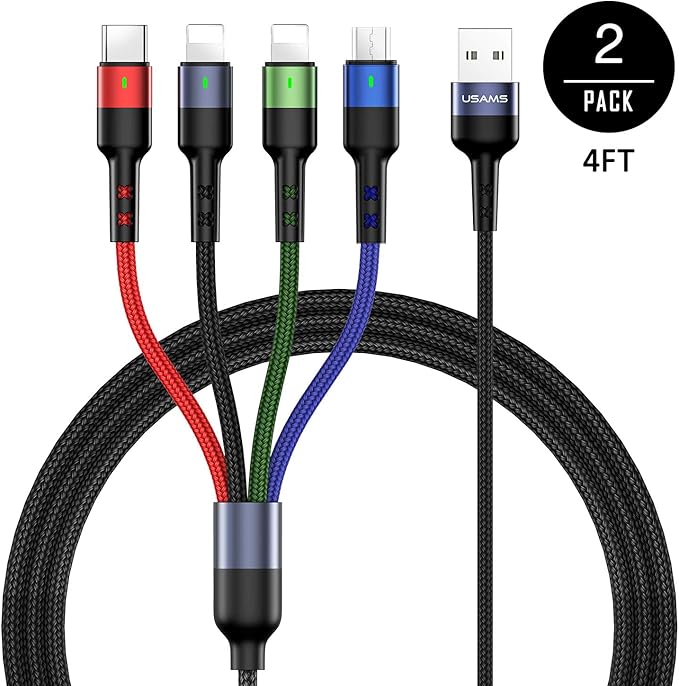 USAMS Multi Charging Cable 2Pack 4FT 4 in 1 Nylon Braided USB Fast Charging Cord Adapter Type C Micro Port Compatible Cell Phones Tablets and More