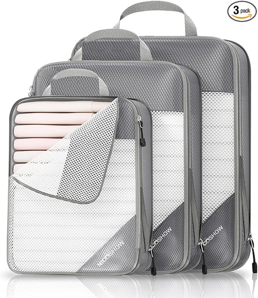 3 Set Compression Packing Cubes for Travel - Compressible, Lightweight, and Space-Saving Packing Cubes, Travel Essentials for Women, Grey