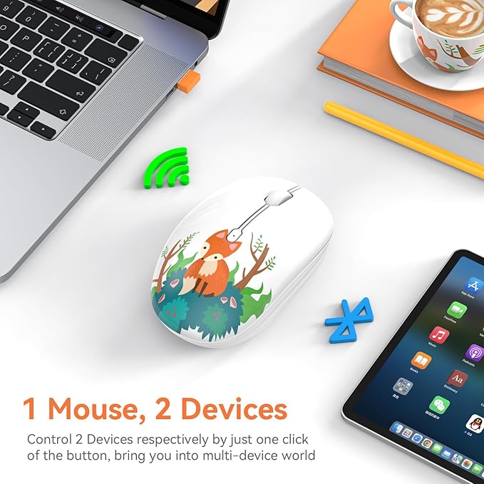 Cute Wireless Mouse, Dual Mode, Bluetooth & 2.4GHz USB Receiver, Silent Clicks, AA-Battery Powered, Handy & Durable, Lovely Little Fox Pattern for Kids and Students on Laptops, Mac, iPad, PC