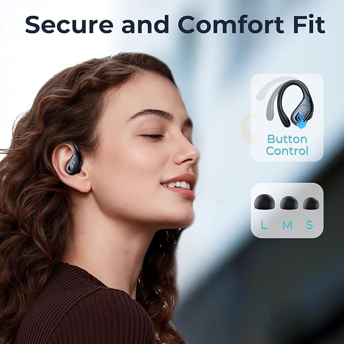 occiam Active Noise Cancelling Ear Buds Wireless Earbuds Bluetooth Headphones with 90Hrs Playback Stereo Bass Over-Ear Hooks IPX7 Waterproof Earphones for Sports Gym Running Workout Black