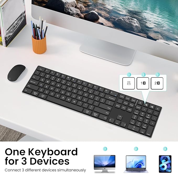 2.4G Wireless and Bluetooth Keyboard with Numeric Keypad, Multi-Device, Rechargeable, Compatible with Mac, Windows (Black)