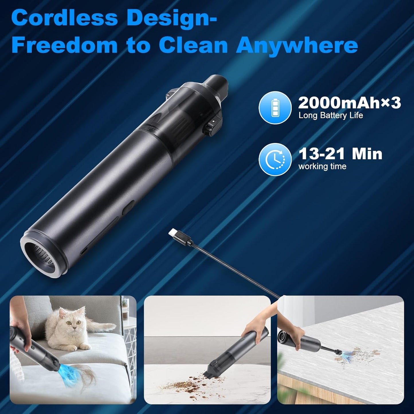 Mini Car Vacuum Cleaner, USB Charging, 4-in-1 Portable Handheld Cordless Vacuum Cleaner, 16,000pa Suction, 2 Suction Modes for Car, Home and Pet Hair