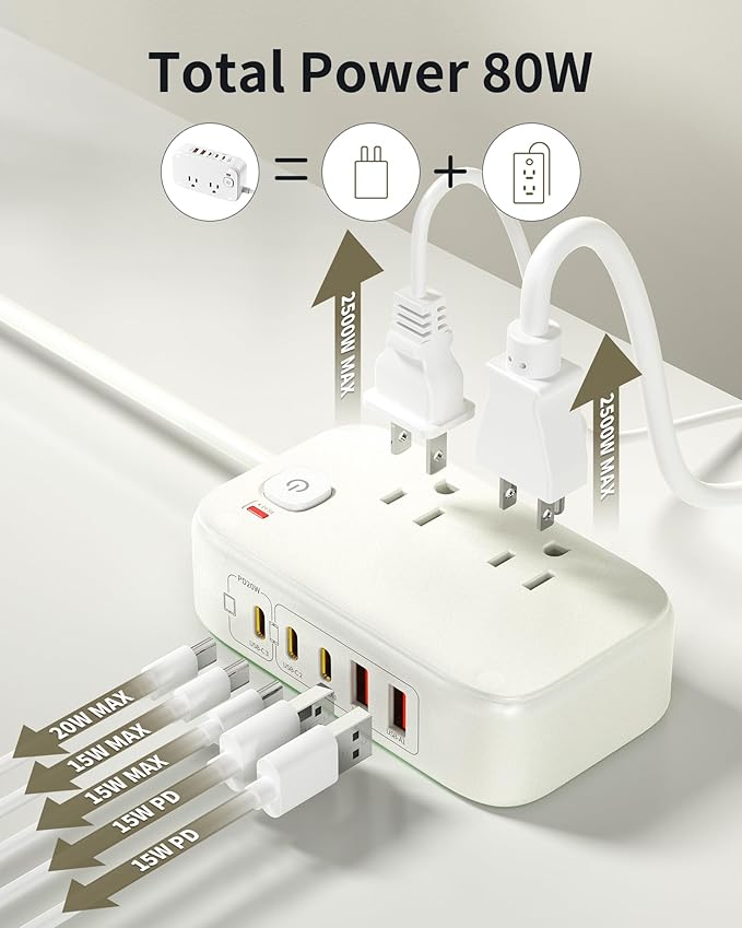 Power Strip with USB C,5 Port USB C Charger Station,White Surge Protection 1200J,5FT Flat Extension Cord USB Charging Hub for Multiple Devices (Pearl White, 30w)