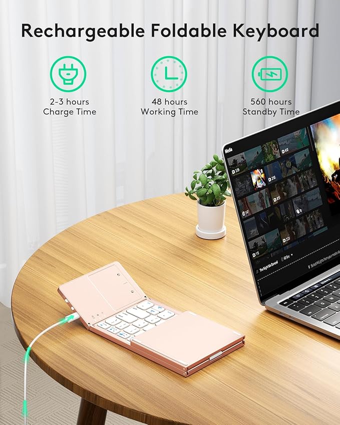 Samsers Multi-Device Foldable Bluetooth Keyboard with Touchpad, Rechargeable Dual-Mode(2.4G+BTx2) Wireless Keyboard with Holder, Portable Folding Keyboards for Android Windows iOS Mac OS - Pink