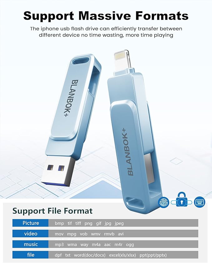 MFi Certified 512GB Flash Drive for iPhone Photo Stick, USB Memory Stick iPhone Flash Drive for Photos Videos, High Speed External Storage USB Stick Thumb Drive for iPhone/iPad/Android/PC(Sky Blue)