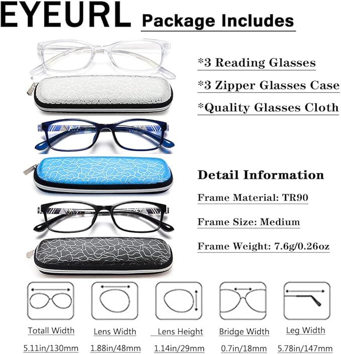 EYEURL Reading Glasses for Women-Blue Light Blocking For Men Women-3 Pack Computer Readers 1.5 Spring Hinge Anti UV Ray/Eye Strain/Glare Eyeglasses