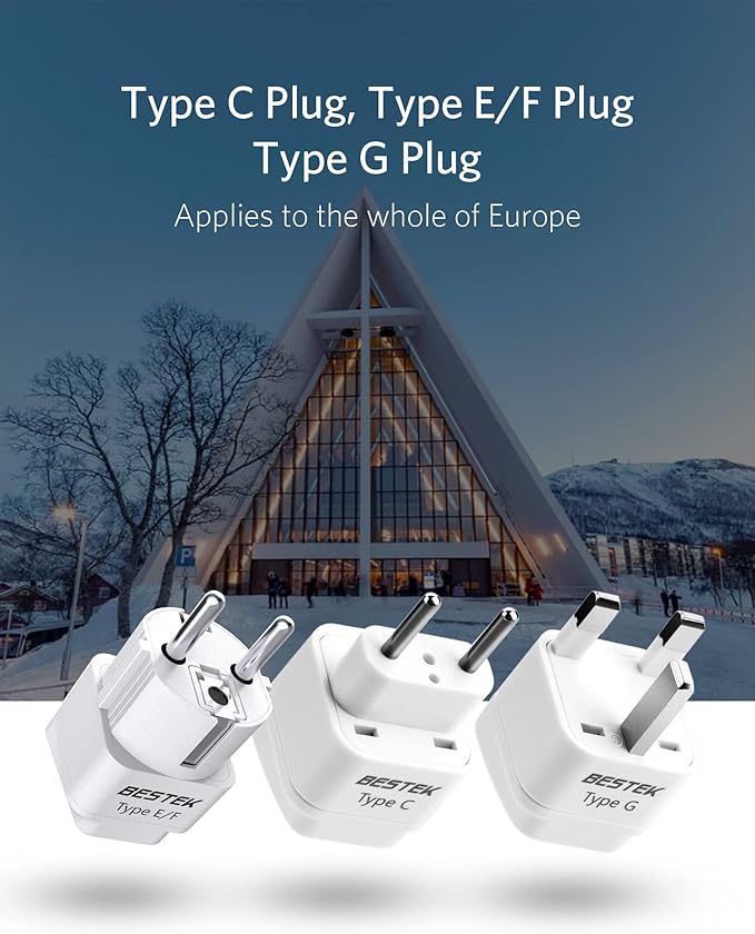 BESTEK European Travel Plug Adapter Set, Grounded Universal Power Plug Adapter for US to Type E/F, Type C, Type G Countries, UK, Germany, France, Italy, Spain, Ireland and All of Europe, 3 Pack