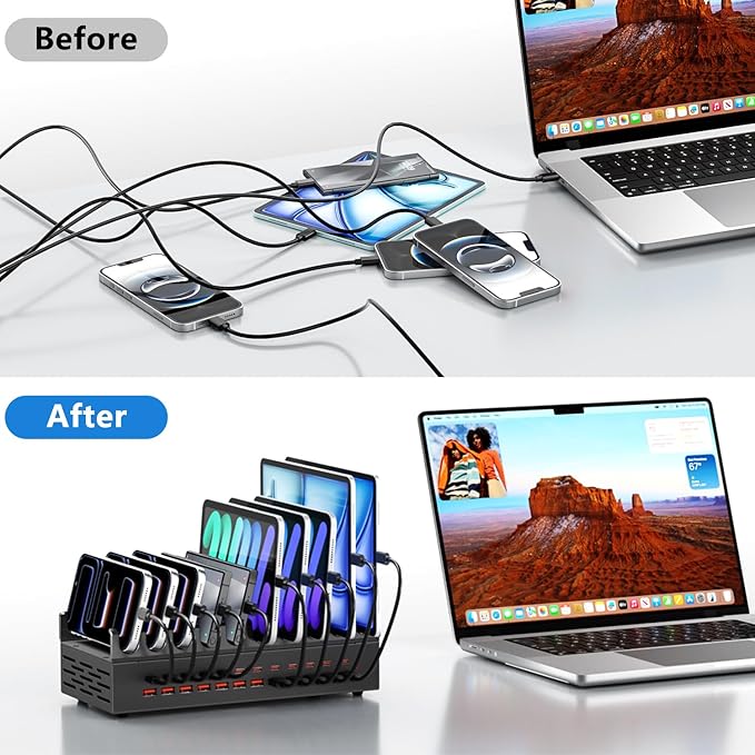 300W Charging Station with 24 Ports,USB Fast Charger for Multiple Devices,Multi Charger Station Organizer Compatible with Smart Power Delivery,Phone,Tablet,Charging Station for Home,Office,School