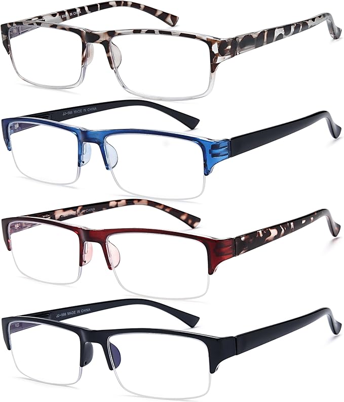 EYEURL 4-Pack Half Frame Blue Light Reading Glasses for Men Rectangle Semi Rimless Readers for Women Spring Hinge Eyeglasses