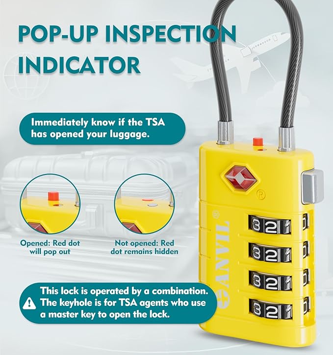 ANVIL 4 Digit Luggage Locks, TSA Locks for Luggage, Advanced TSA008 core, Alert Indicator for Your Travel Lock, Suitcase Lock. (4, Yellow)