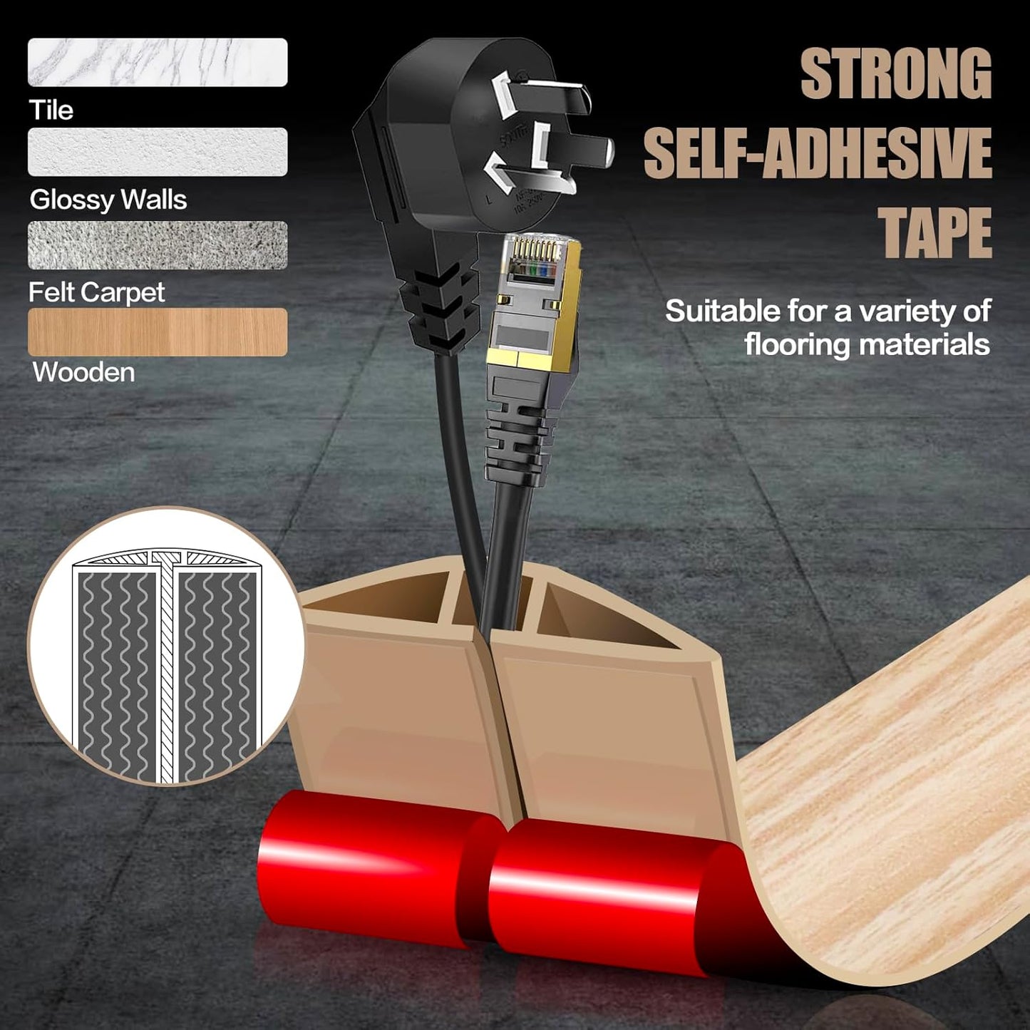 Floor Cord Cover Self Adhesive Cord Hider,10FT Cable Management, Extension Strip Protector for Wires, Prevent Cable Trips for Offices, Gyms, Exhibitions Cavity:0.3"(W) x0.28(H) WoodLightyellow