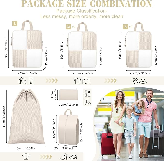 8 Set Compression Packing Cubes for Travel, Expandable Waterproof Travel Organizer, Lightweight Luggage Organizer with Shoes & Laundry Bags, Travel Accessories for Men Women, Beige