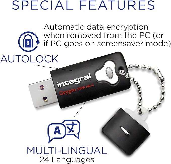 Integral 32GB Crypto-140-2 256-Bit Hardware Encrypted 3.0 Secure Flash Memory Drive - Certified to FIPS 140-2 Level 3, Brute-Force Password Attack Protection & Rugged Triple-Layer Waterproof Design