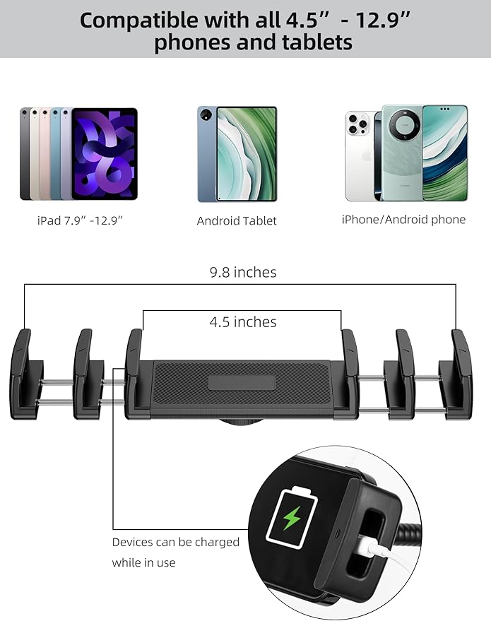 iPad Stand, Adjustable Tablet Floor Stand Metal Tablet Holder with Flexible Gooseneck, Compatible with iPad, Kindle, and Cell Phones (4.7''-13''), Ideal for Hands-Free Use