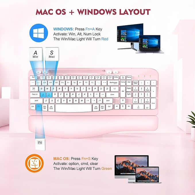 Ergonomic Wireless Keyboard with Cushioned Wrist Rest, Wave Keys, Phone Holder, Comfortable Natural Typing, 2.4GHz Full Size Cordless USB Computer Keyboard for Laptop, Mac, Windows (Pink)