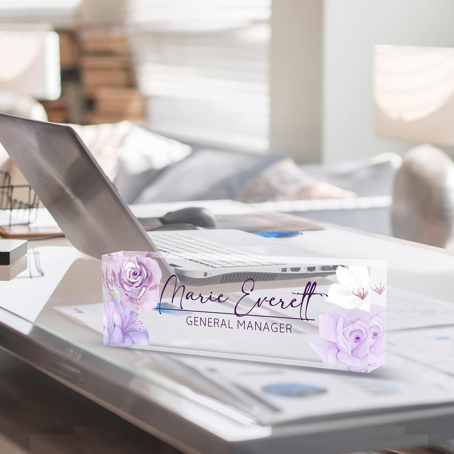 Personalized Name Plate for Desk, Custom Desk Name Plate, Acrylic Name Plate Office Desk Accessories, Personalized Office Gifts for Coworkers Teachers, Employee Appreciation Gifts (A-PurpleFlower)