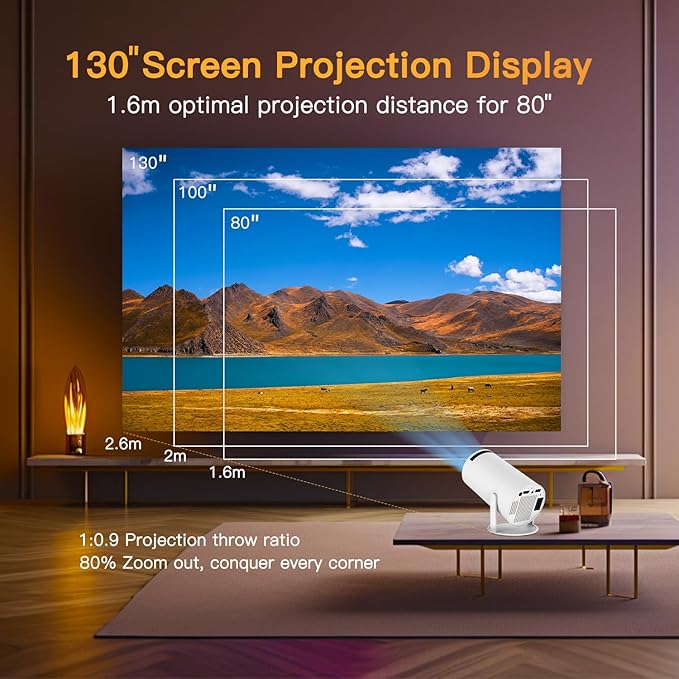 Mini Projector with WiFi and Bluetooth, 4K 1080P Support Portable Projector, 170 ANSI, 180° Rotatable, Auto Keystone Correction, 40"-130" Screen Video Projector for Laptop/PC/Smartphone
