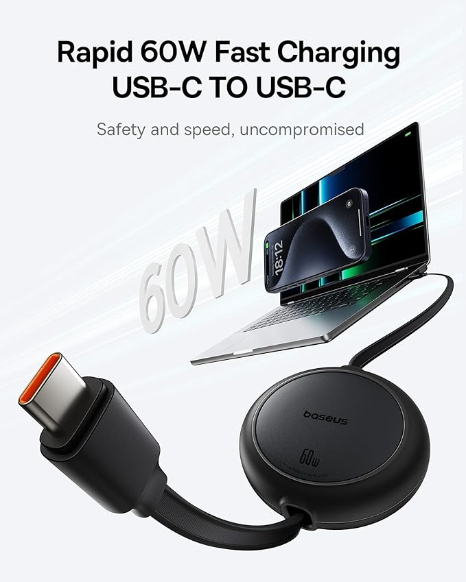 Baseus USB C Cable, 60W Mini Retractable USBC to USBC Fast Charging Cable, 4-Stage Length Preset USB Type C Charger Cord for iPhone 17 16 Pro Plus Pro Max, MacBook, iPad, Galaxy S24/S23