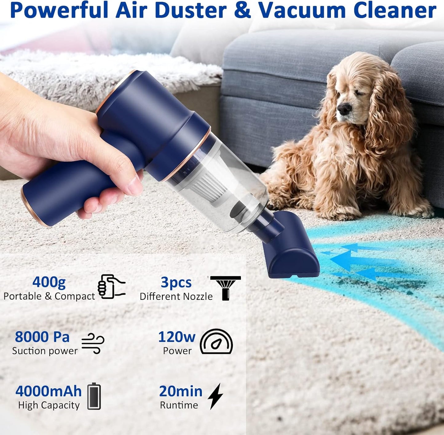 8Kpa Mini Handheld Vacuum Cleaner, 120W High Power Cordless Keyboard Vacuum, 2-in-1 Desk Vacuum & Air Duster with LED Light & Multi-Nozzles for Car, Computer, Sewing Machine