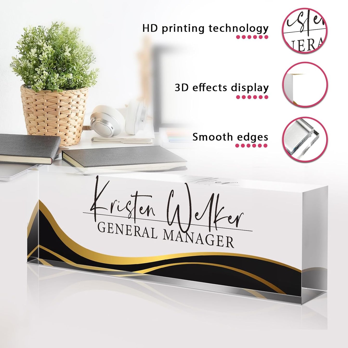 Personalized Name Plate for Desk - Custom Engraved Name Plates for Man - Boss Day Gifts for Boss - Acrylic Office Decor Appreciation Gifts for Teacher Nurse Coworker Social Worker (Wavy Black)