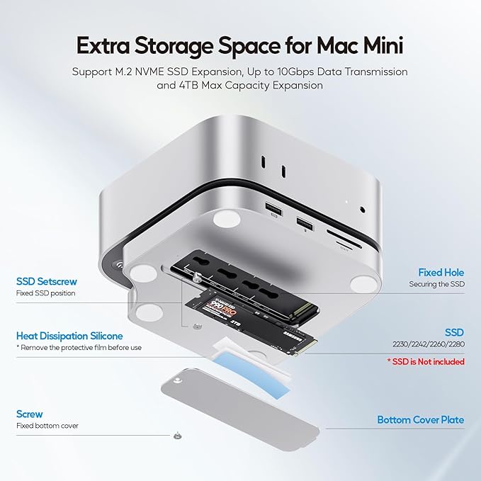 Mac mini M4 Dock with 4TB M.2 SSD Enclosure (SSD NOT Included), Mac mini M4/ M4 Pro Hub Stand with HDMI 4K@60Hz, 2024 MacMini USB C Hub Accessories, 3 USB A 2.0, SD/TF, 3.5mm Audio