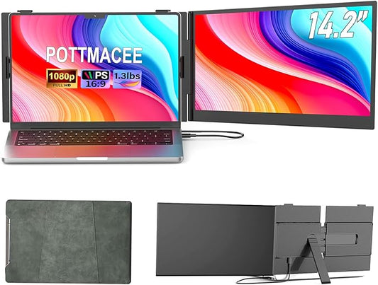 14.2" Laptop Screen Extender, 0.17" Ultra-Thin FHD 1080P IPS Portable Monitor for Laptop, Dual Screen Travel Monitor Extender, Plug-Play for Windows/Mac/Chrome, Fit 13”-17.3” Laptops