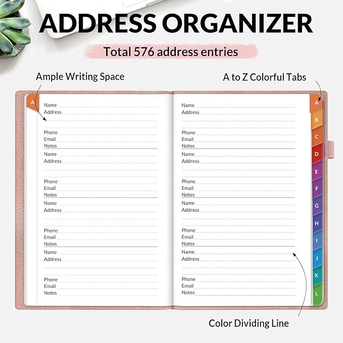 SUNEE Address Book with Colorful Alphabetical Tabs, Address Notebook Organizer for Record Contacts, 5.3'' x 7.7''- Rose Gold