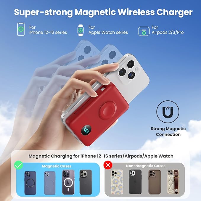 Magnetic Portable Charger 10800mAh for iPhone with Built-in Cables, 6-in-1 Wireless Power Bank with iWatch Charger, 25W PD Fast Charging USB C Battery Pack for iPhone 16/15/14/13/12, Apple Watch(Red)