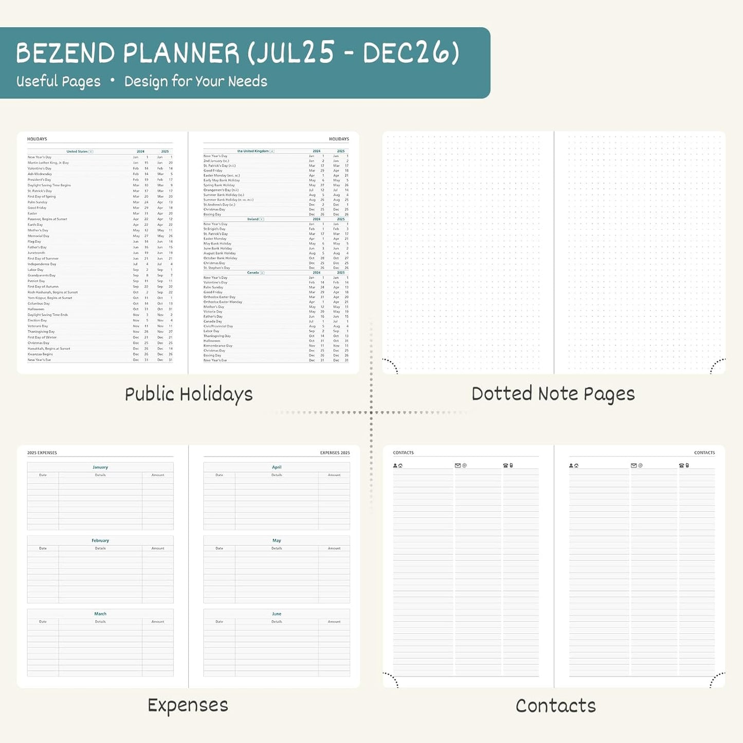 BEZEND Planner 2025-2026 Weekly and Monthly, 8.5" x 11" Academic Calendar (Jul 25-Dec 26) Vertical Daily Appointment with Hourly Timeslot & Monthly Tab, Spiral, PU Leather Softcover - Lavender