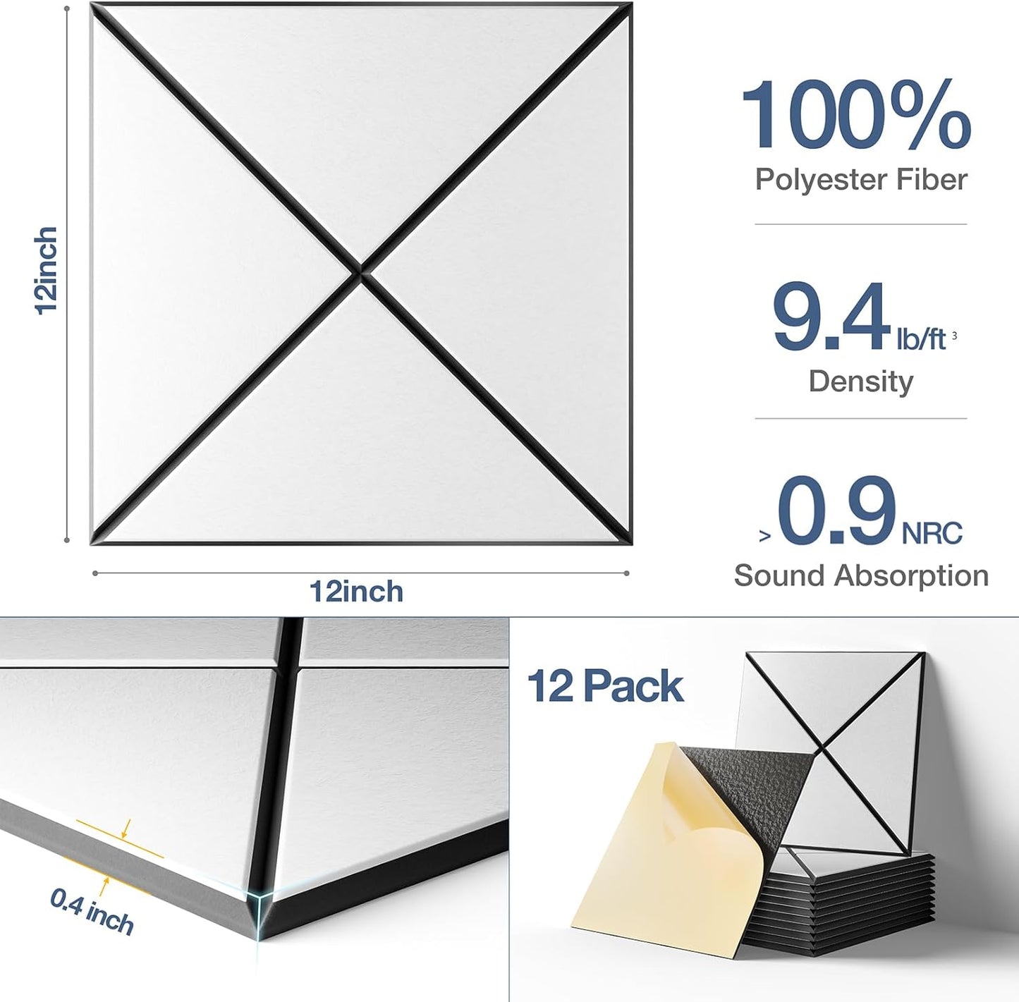 12 Pack Self-Adhesive Acoustic Panels, 12" X 12" X 0.4" X-Line Sound Proof Foam Panels for Walls, Soundproof Wall Panels for Home & Office (White on Black)