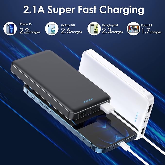 [2 Pack] Portable Charger Power Bank 10000mAh,Ultra Slim Compact External Battery Pack with USB C Input & Dual USB Outputs Backup Charger Compatible with iPhone 13,12, Samsung S20,Tablet -Black+White