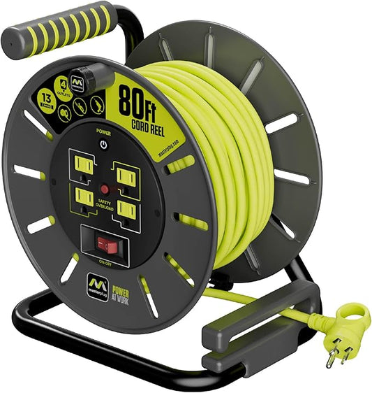 80ft Cord Reel, Retractable Extension Lead with Winding Handle, Safety Overload Circuit Breaker and Power Switch, 4X Grounded Outlets, 13amps, 14AWG Cable