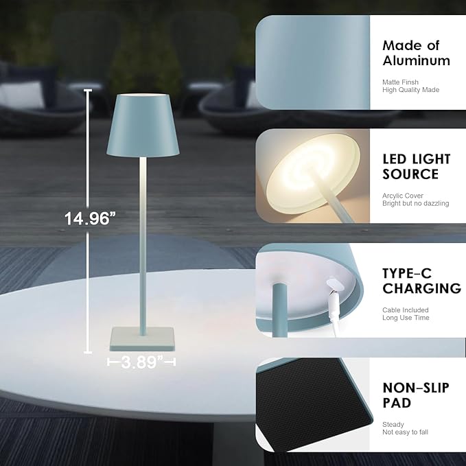 2 Packs Rechargeable LED Table Lamp,Outdoor Cordless Table Lamp Waterproof Portable, Stepless Dimmable Modern Lamp for Restaurant/Bedroom/Outdoor (Blue)