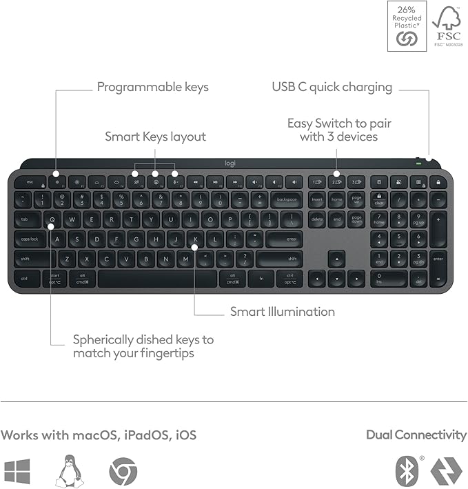 Logitech MX Keys S Wireless Keyboard, Low Profile, Fluid Precise Quiet Typing, Programmable Keys, Backlighting, Bluetooth, USB C Rechargeable, for Windows PC, Linux, Chrome, Mac - Graphite