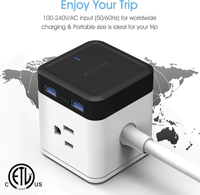 BESTEK Vertical Cube Power Strip with Mountable Detachable Base 5' Extension Cord (MRJ3006-BK)