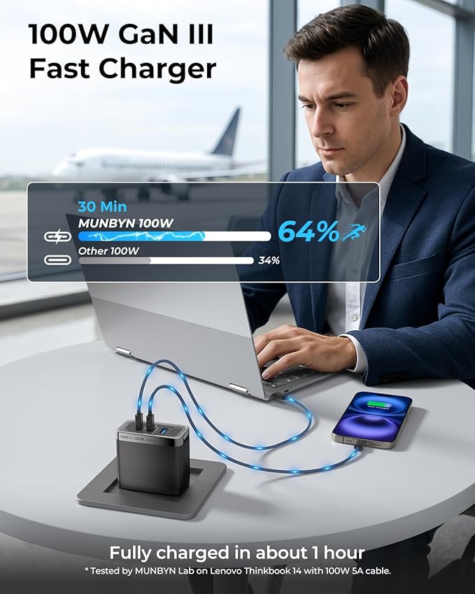 MUNBYN NexGo™ 100W GaN III 3-Port USB C Fast Charger Block with Compact Foldable Design, Fast Charging for MacBook Pro, iPhone 17/16/15Series, iPad, Galaxy S25/S24 and More,(3.3 Ft Cable Included)