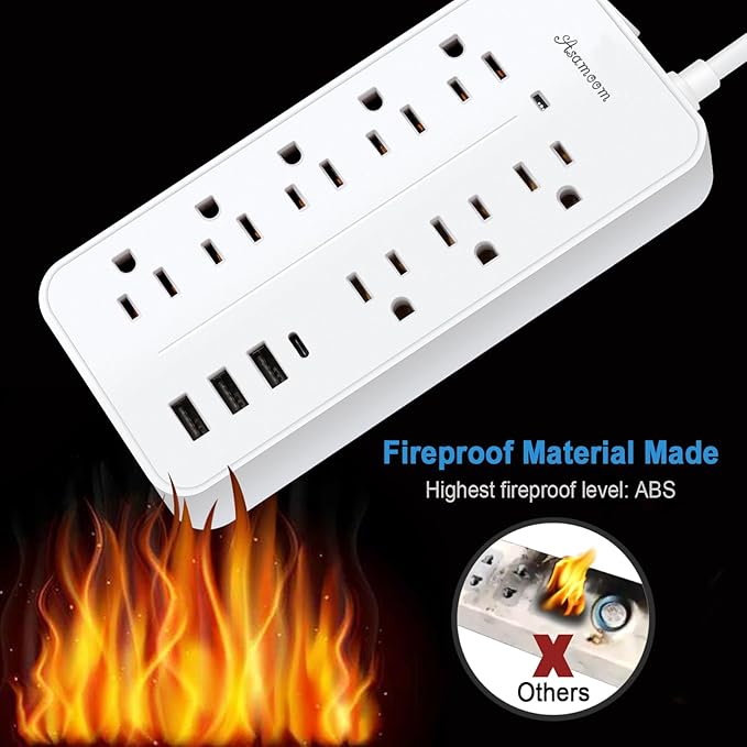 20FT Surge Protector Power Strip Extension Cord with USB C, Asamoom Flat Plug Power Strip with Long Cord, 8 Outlets and 3 USB-A & 1 USB-C Port,1700J for Wall Mount Desk White, ETL Listed