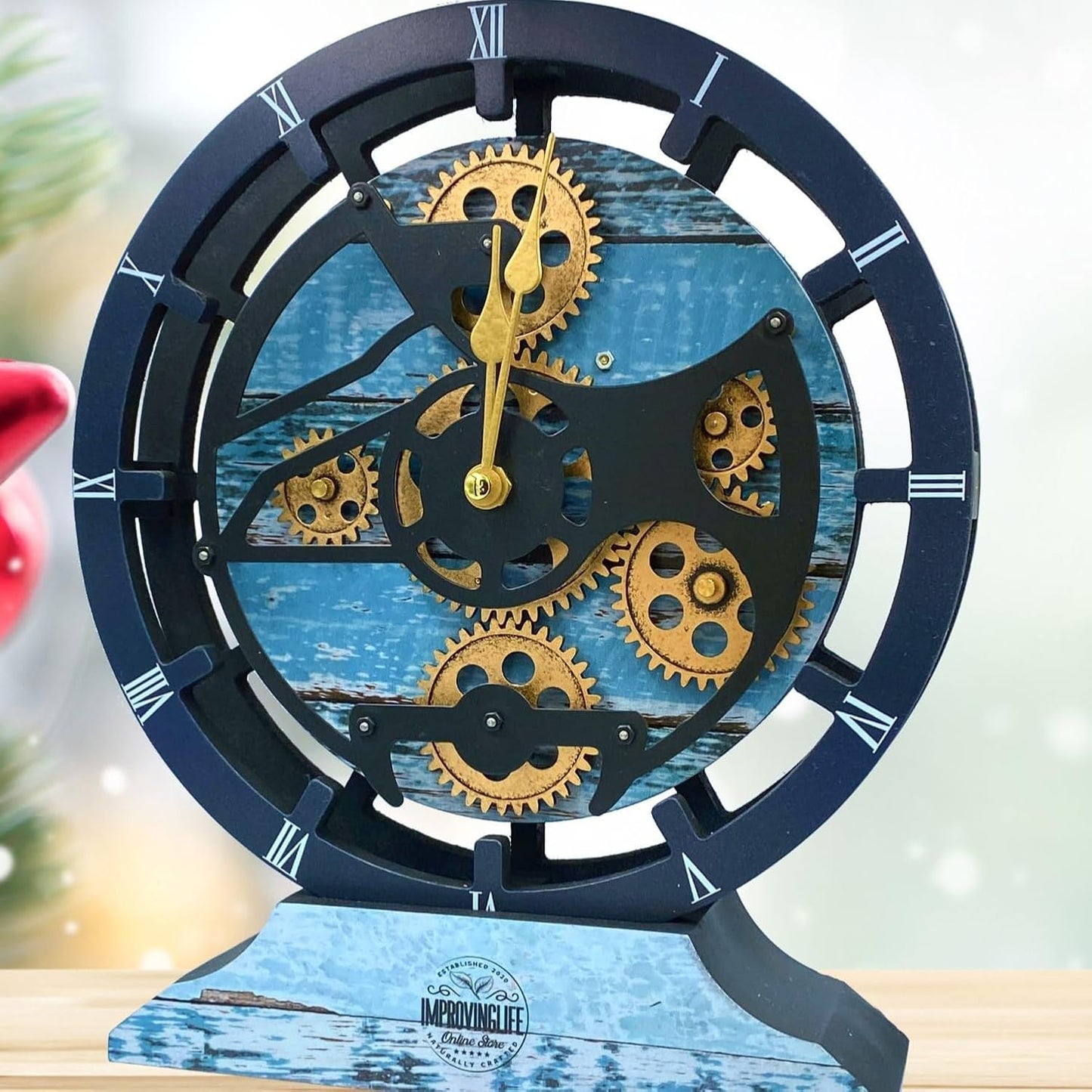 The Gears Clock Desk Clock 10 inches with Real Moving Gears Convertible into Wall Clock (Ocean Blue)