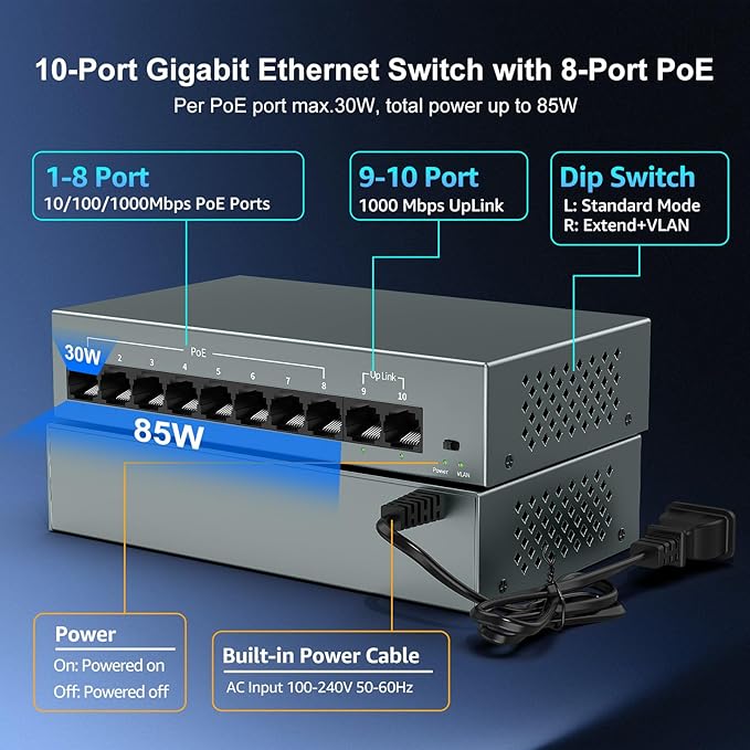 YuanLey 8 Port Gigabit PoE Switch with 2 Gigabit Uplink, 8 Port PoE+ 1000Mbps, 85W 802.3af/at, Extend Function, Metal, Fanless, AI WatchDog, Unmanaged Plug and Play Smart Detection Ethernet Switch