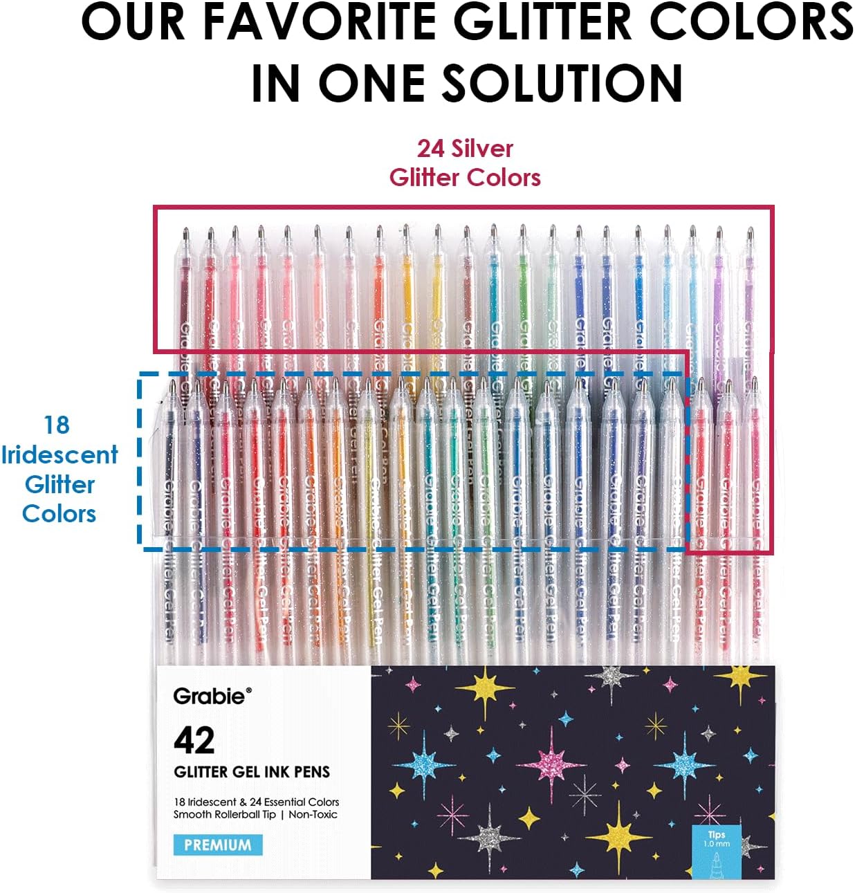 42 Glitter Gel Pen Set, 18 Iridescent&24 Essential Color Pens, Smooth Rollerball Tip, Metallic Sparkly Gel Pens for Coloring (42 Colors Capped Glitter Gel Pens)