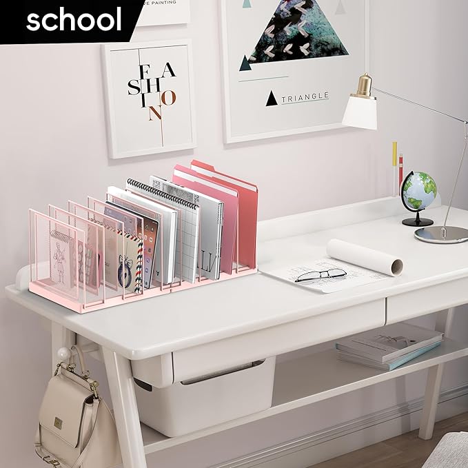 9-Section Desk File Organizer, Vertical File Holder, Mesh Desktop File Folder Metal File Organizer Stand for Office Home Classroom, Pink