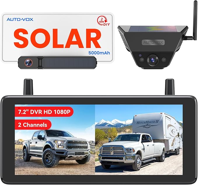 AUTO-VOX 2 Solar Wireless Backup Camera System with Two Cameras (License Plate & Portable): 7.2” 1080P HD Dual Channel Monitor, IP69K Waterproof Back up Camera for Truck,RV,Camper,Horse/Boat Trailer