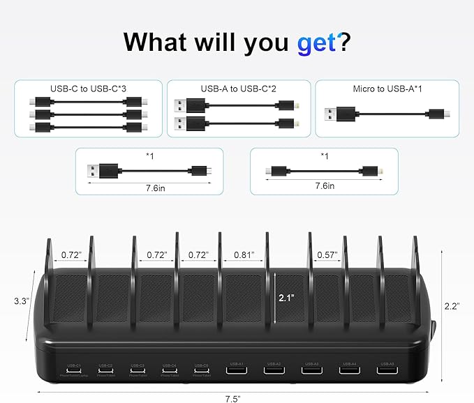 260W Cell Phone Charging Station for Multiple Devices, 10-Port USB C Fast Charger Hub for MacBook, iPhone, Android, iPad, Tablet, Kindle, Family Multi-Device Organizer Charging Dock, White (Black)