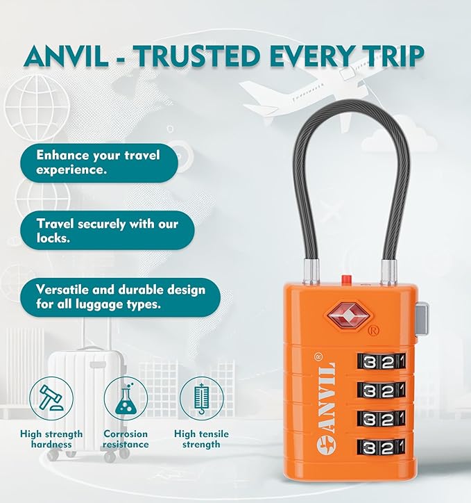 ANVIL TSA Approved Luggage Locks, 4 Digit Combination Travel Suitcase Locks with TSA008 Core and Open Alert Indicator, Zinc Alloy Body. (4, Orange)