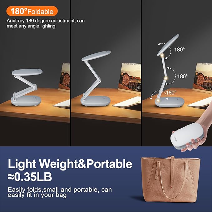 LED Desk Lamp for Office Home & Battery Operated Lamp Rechargeable Lamp Foldable & Portable Light, [2-Fold Bracket] 3 Brightness Dimmable Small Desk Lamp Wireless Reading Lamp (White)
